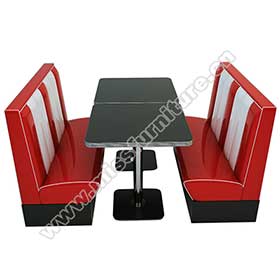 1950s retro diner booth table set M-8102-Hotsale double seating American retro diner red stripe booth seating and black table set furniture