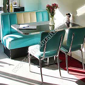 1950s retro diner booth table set M-8107-High quality turquoise stripe retro American diner booth seating Bel Air booth seating and table Chrome diner chairs set furniture