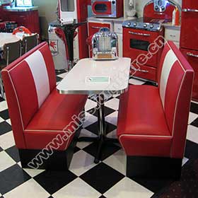 1950s retro diner booth table set M-8108-High quality red and white 1950s style retro american diner Bel Air booth seating and white table set