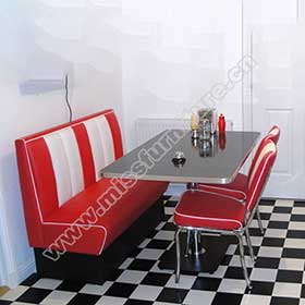 1950s retro diner booth table set M-8110-Beautiful red and white booth seating set furniture, midcentury retro diner Bel Air booth seating and Chrome diner chair table set