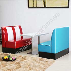red or turquoise stripe back 1950's style american diner table and booth couches set, customize red/turquoise leather 50's diner booth couches and table set M-8113-1950s retro diner booth table set M-8113