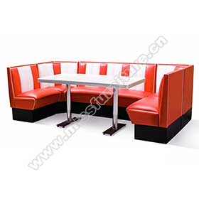 Customize red and white leather stripe U shape american diner booth couch and formica diner table furniture set-<b>1950s retro diner booth table set M-8121</b>