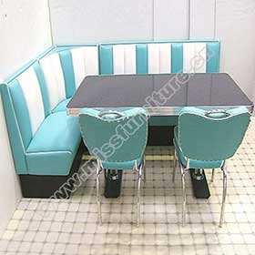Durable restaurant turquoise and white L shape fifties retro diner Bel Air booth sofas and diner table set furniture-1950s retro diner booth table set M-8126