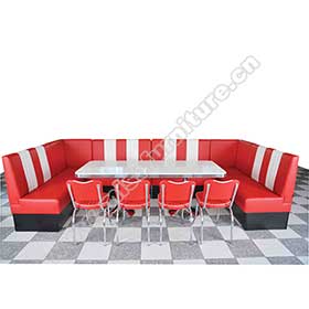 Beautiful cafeteria red stripe PU leather U shape combination 50s retro diner booth couch and diner table furniture set