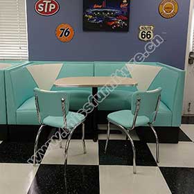 High quality turquoise U shape V back 1960s american diner booth seating furniture set with diner table, chrome diner chair set