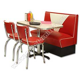 High quality red and white V back leather midcentury american 1950s diner booth sofas with chrome diner chairs table set furniture-<b>1950s retro diner booth table set M-8142</b>