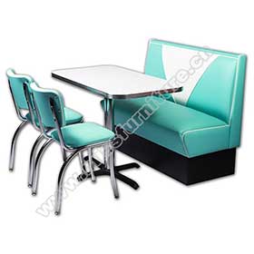Whoelsale blue PU leather V back with piping 1950's retro diner booth seating with diner table, chrome diner chair set-1950s retro diner booth table set M-8143