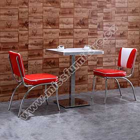 Durable high gloss red leather V back with piping restaurant 50s american diner chairs with square table set furniture