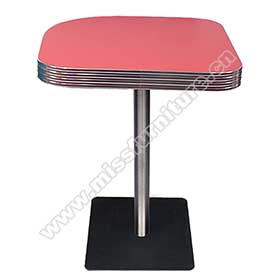Customize arc-shape light red color formica veneer with glossy edge and black color iron square table legs 1950s retro coffee room table