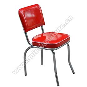 Simple red bent backrest 1960s style steel café room retro chairs, red leather with piping bent backrest cafeteria retro 1960s chairs