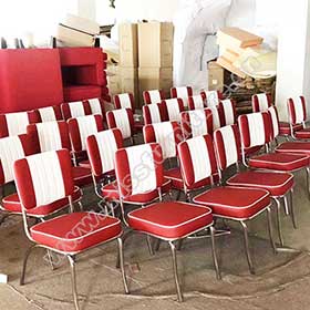 Stripe back red and white leather 1950s retro dining room chairs, red color steel frame retro 1950s dining chair with stripe backrest