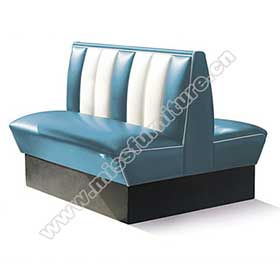 Back to back turquoise color american retro booth sofa seating, black footer with wood frame doubleside 4 seat american booth seating