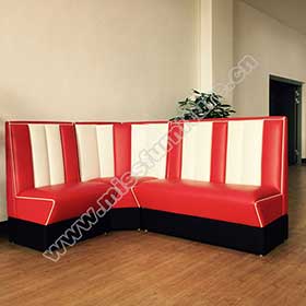 Customize L shape stripe back american style retro dinette booth sofas, red and white color L shape retro american corner booth sofas