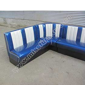 Blue and white stripe back retro 1950's L shape restaurant booth sofas, customize blue leather stripe corner restaurant booth sofas