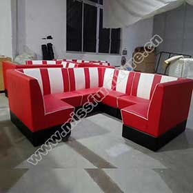 1950s american retro diner booth M-8553-Midcentury 1950's style red and white retro corner booth couches, red colour stripe back U shape retro diner corner booth couches