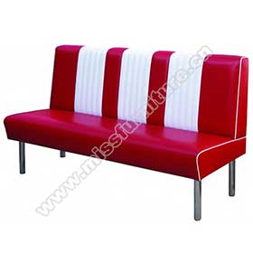 Metal frame red and white 3 seat 1960s retro dining booth couches, stripe back 59in red leather retro 1960s dining room booth couches