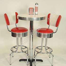 Classic V back red leather american retro diner bar chairs and round bar table set, 1950s retro american diner bar chairs with bar table set