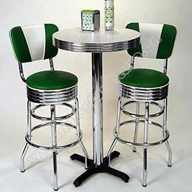 High quality V back green and white PU leather chrome american diner bar chairs and table set, chrome retro diner bar chairs and table set