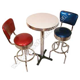 ustomize pure red and blue PVC leather midcentury american diner chrome bar chairs and table set, 50s retro diner bar table and chairs set