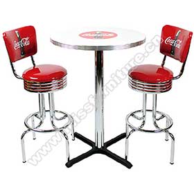 1950s american retro bar set M-8604-Hotsale red color with cola pattern 1950s american dining room retro bar stools and bar table set, american high bar table and bar stools set