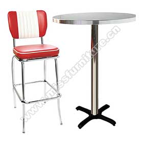 1950s american retro bar set M-8605-Wholesale stripe back restaurant midcentury retro chrome bar chairs and table set,1950s retro american commercial bar table and bar chairs set