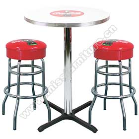 Customize cola red colour retro american dinette round bar table and bar stools set, steel frame retro dinette round barstools and bar table set