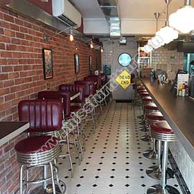 Classical rubby color PU leather round seater chrome 50's retro diner bar stools, pure rubby colour stripe back retro 50s chrome bar chairs