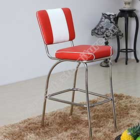 1950s american retro bar chair M-8823-Red and white leather stripe back with piping american 50s bar chairs, red colour stainless steel frame midcentury american bar chairs furniture
