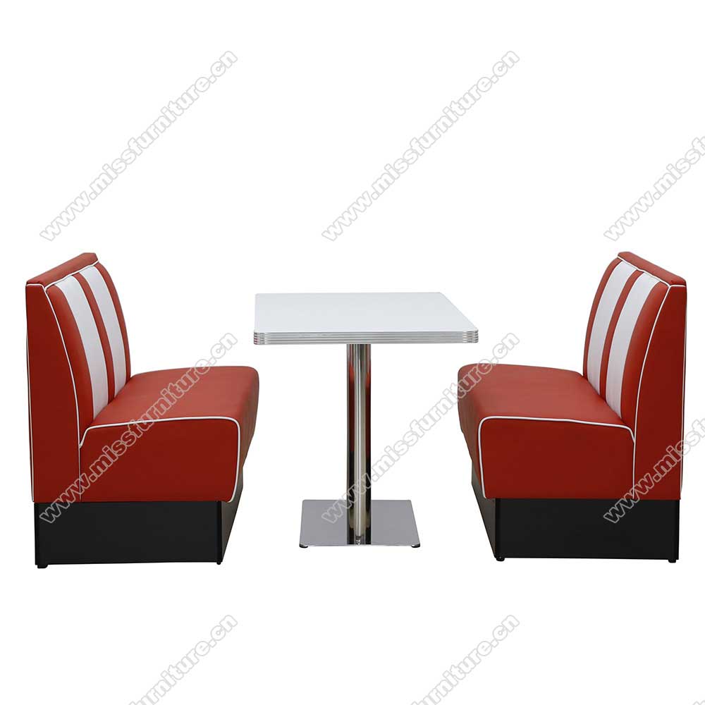 Durable red and white stripe American retro diner booth seating and white table furniture set,American 1950s retro diner booth seating and table set M-81032