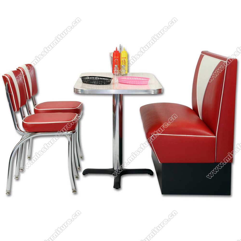 High quality red and white V back leather midcentury american 1950s diner booth sofas with chrome diner chairs table set furniture, American 1950s retro diner booth seating and table set M-8142