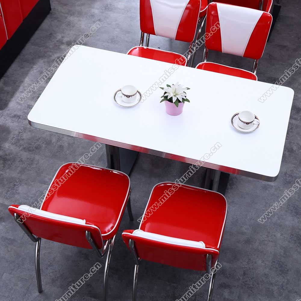 Wholesale high gloss red and white V back cafeteria 50s retro diner chair with formica steel diner chairs set furniture, American 1950s retro diner chairs and table set M-8192