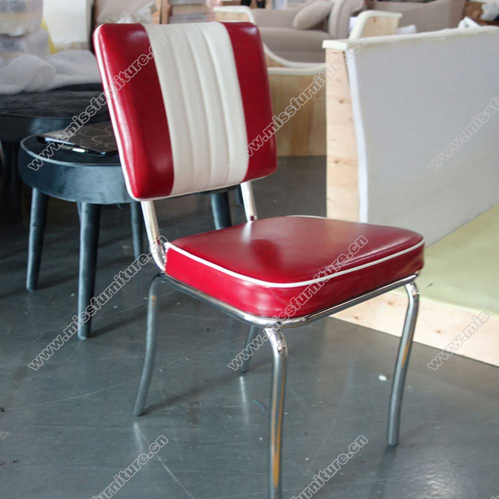Classic red and white leather american 1950s retro diner chairs, 4 channels stainless steel frame retro chrome diner chairs,American 1950s style retro diner chairs furniture M-8301