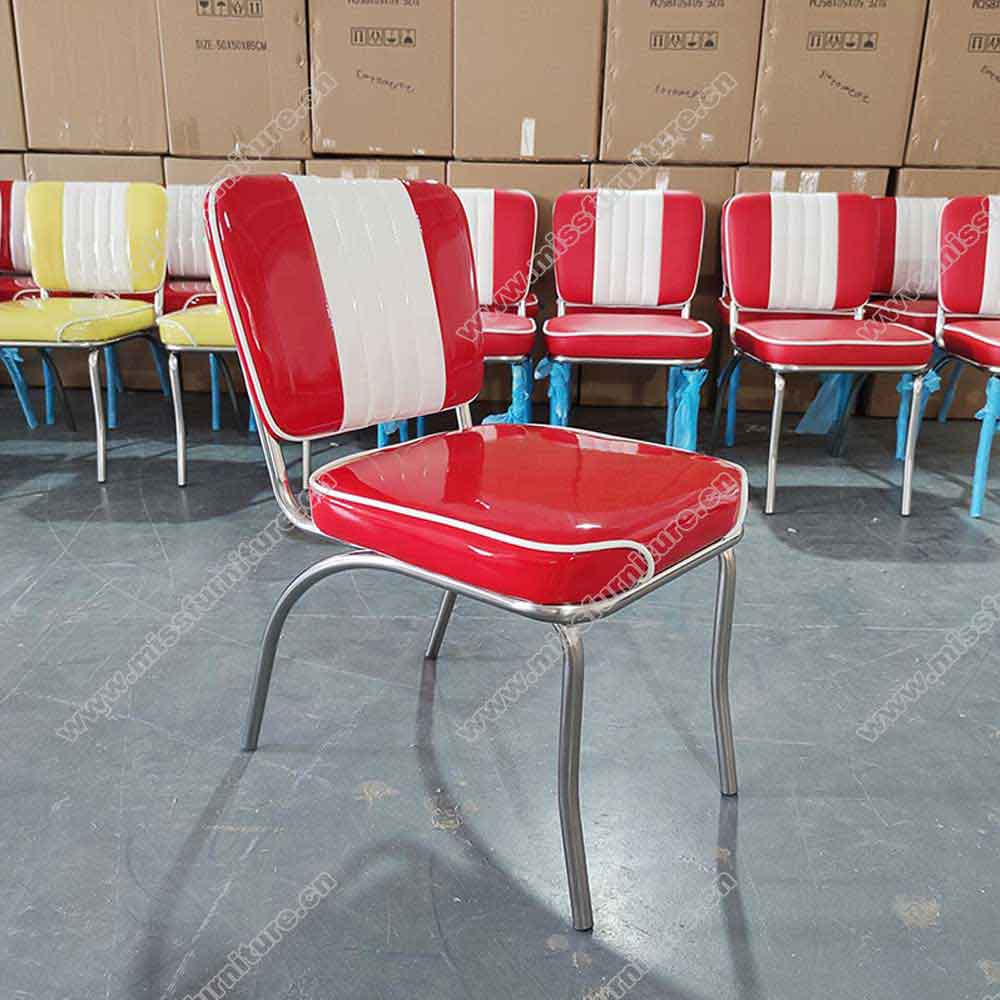 Wholesale red and white glossy leather dining room mid-century retro diner chair,stripe back 1950s retro chorme dining room chairs