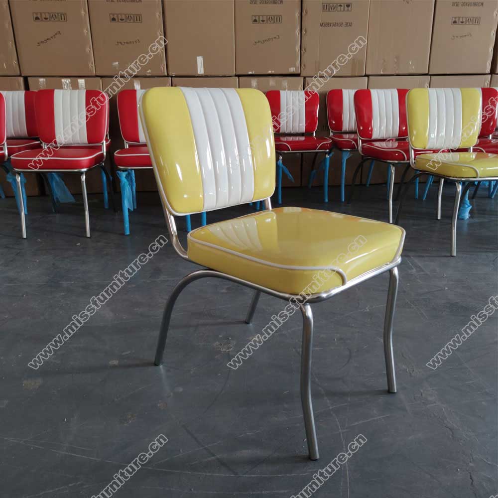 Customize glossy yellow color steel frame with piping american retro restaurant chair, glossy yellow leather american retro diner chair M-8313