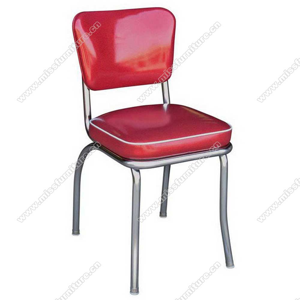 Simple red bent backrest 1960s style steel café room retro chairs, red leather with piping bent backrest cafeteria retro 1960s chairs, American 1950s style retro diner chair furniture M-8349