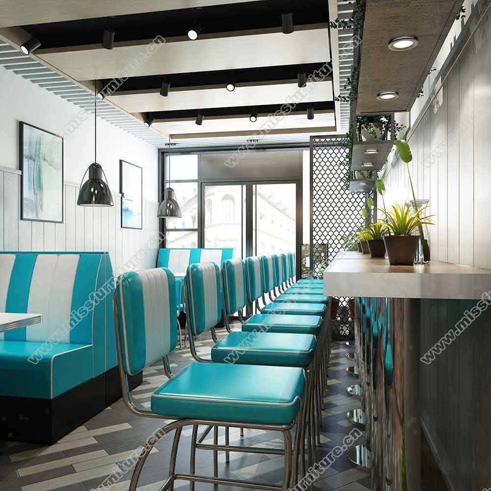 Turquoise leather midcentury retro restaurant booth sofas and table chairs set, retro diner high bar chairs and bar counter set gallery