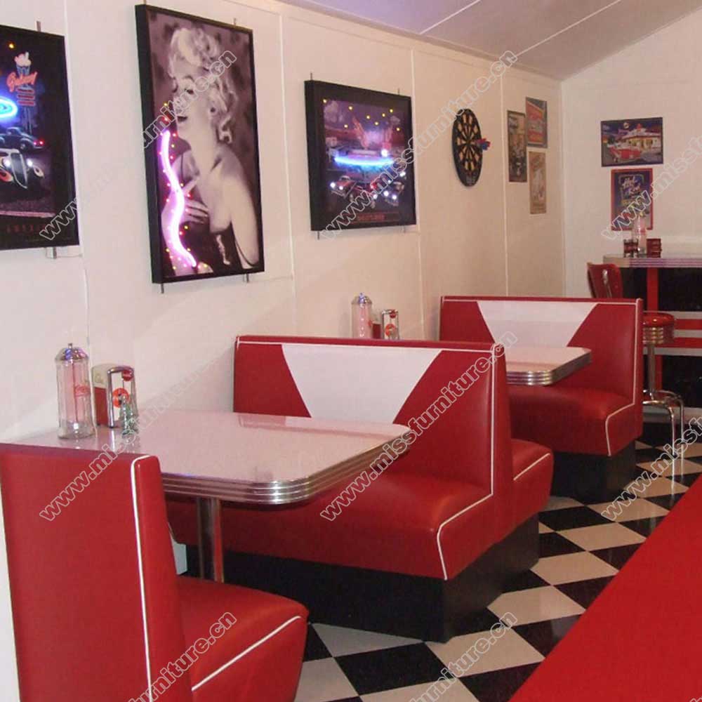 red and white V backrest american 50s diner booth couches and table set, back to back doubleside red 1950s american diner booth couches and table set furniture M-8149