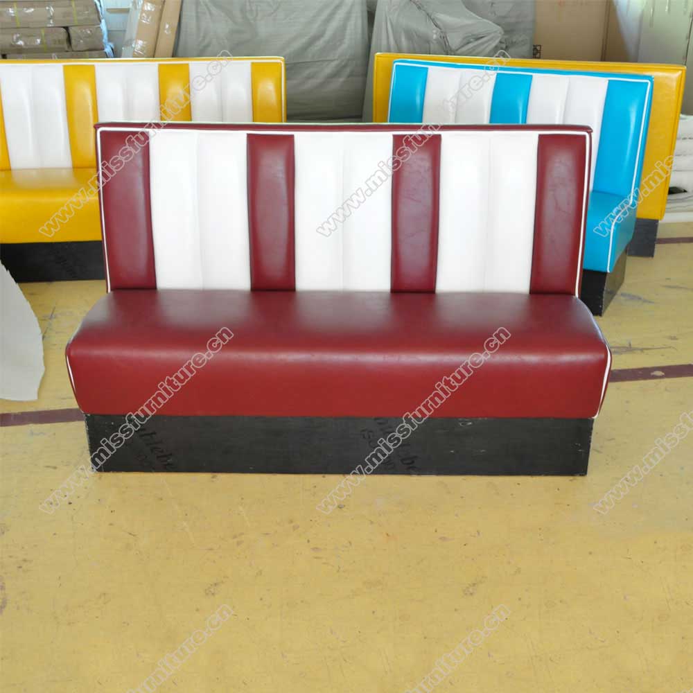 Coulorful rubby glossy leather stripe retro american diner booth couch, with piping glossy leather american dining room retro booth couch,American 1950s style retro diner booth seating furniture M-8506