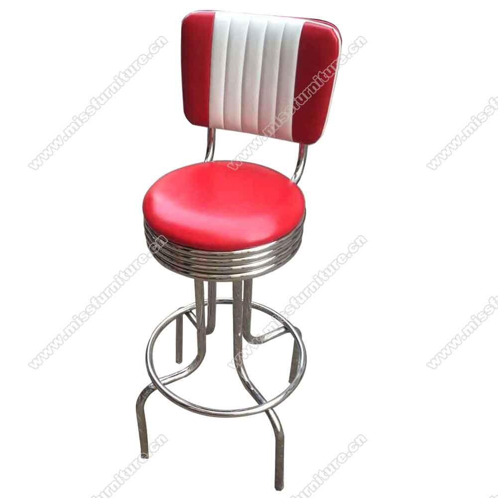 Hotsale 75cm height seater 5 channels round red and white club american diner bar stools,stainless steel frame 50s american club bar chairs M-8805