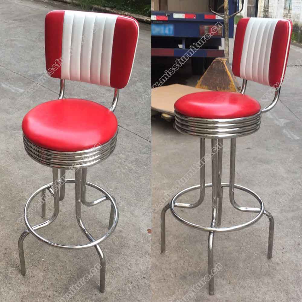 Yellow stainless steel short 1950s style cafeteria round retro bar stools, 25.5inch height steel frame fixed to floor round retro 50s bar stools, American 1950s style retro diner bar stools furniture M-8834